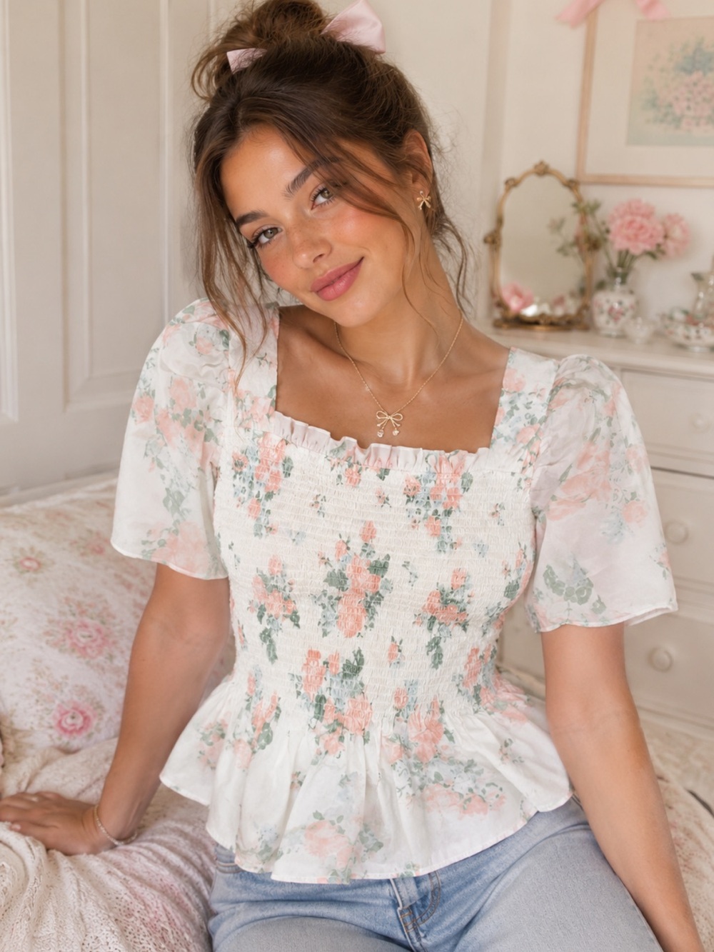 Rachel Parcell Floral Smocked Square-Neck Top in Light Pink